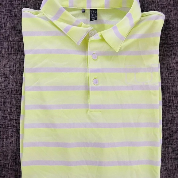 Miami Hurricanes Adidas Striped Logo Golf Polo Shirt Sz M Neon Grn Light Purple - Picture 3 of 11